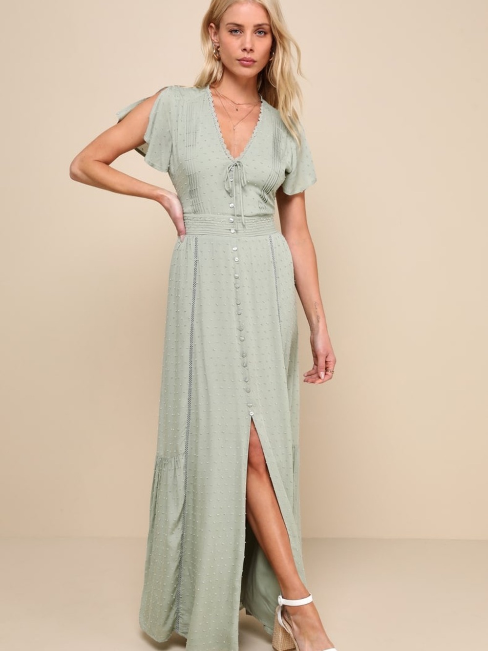 Completely In Love Sage Green Swiss Dot Button-Front Maxi Dress